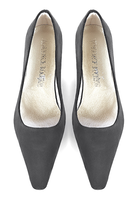 Dark grey women's dress pumps,with a square neckline. Tapered toe. Medium spool heels. Top view - Florence KOOIJMAN